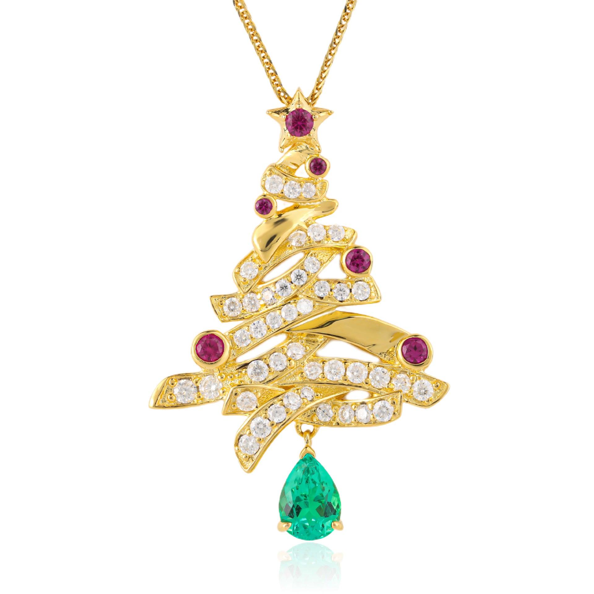 Artificial Gemstone Christmas Tree Design S925 Sterling Silver Necklace