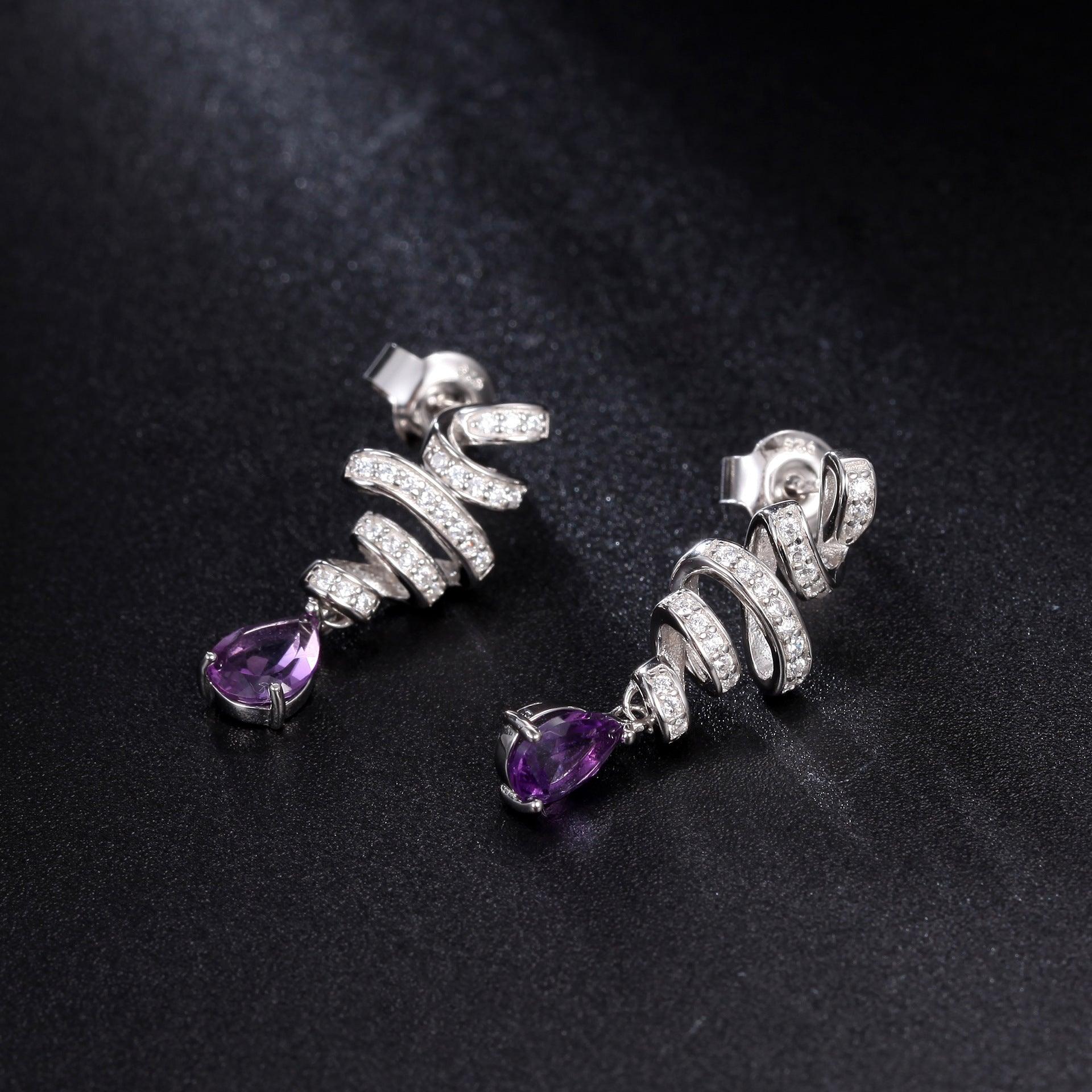 French Romantic S925 Silver Inlaid Natural Amethyst Earrings-BlingRunway