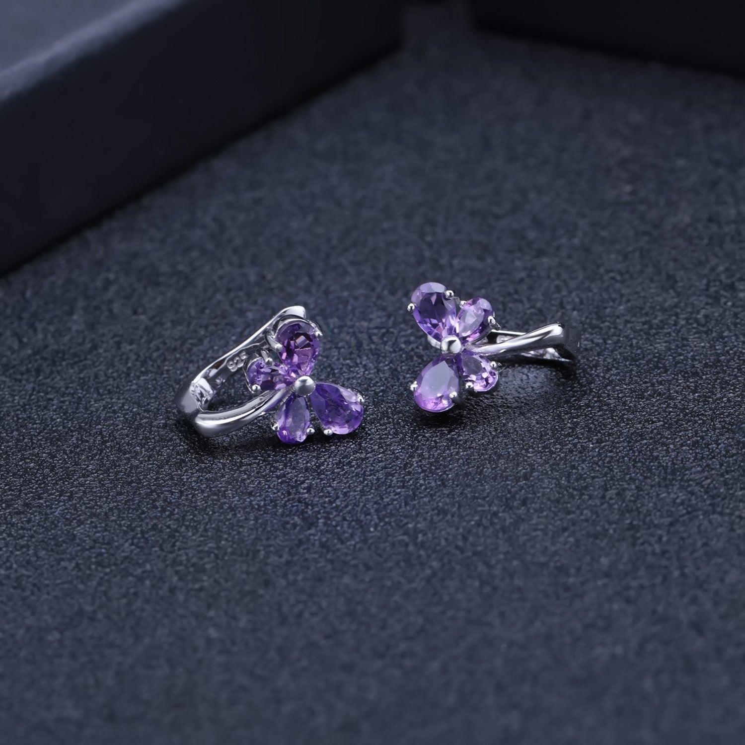 Butterfly Flower Design S925 Silver Inlaid Natural Amethyst Earrings