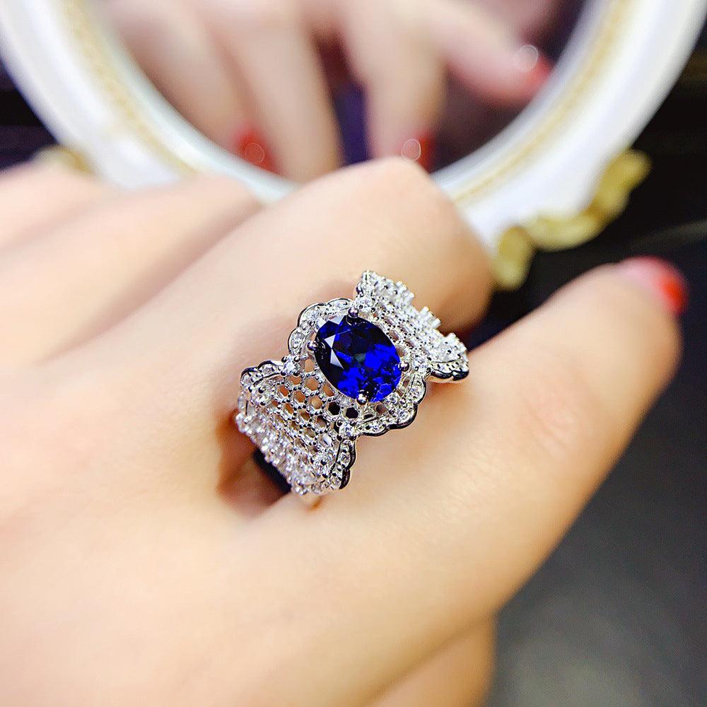 Spider Silk Design S925 Silver Inlaid High Carbon Simulated Sapphire Ring-BlingRunway