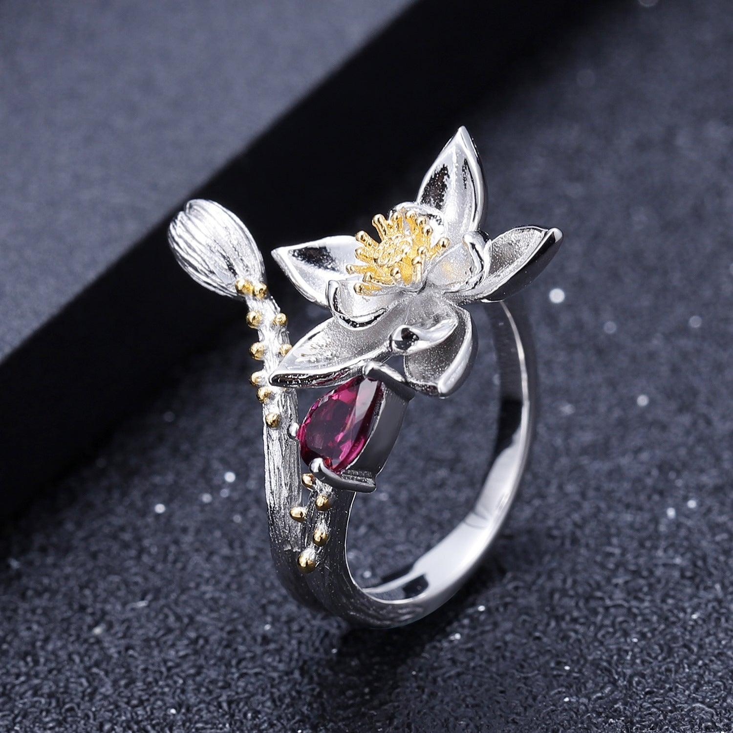 Secret Garden Flower Design S925 Silver Natural Gemstone Ring-BlingRunway