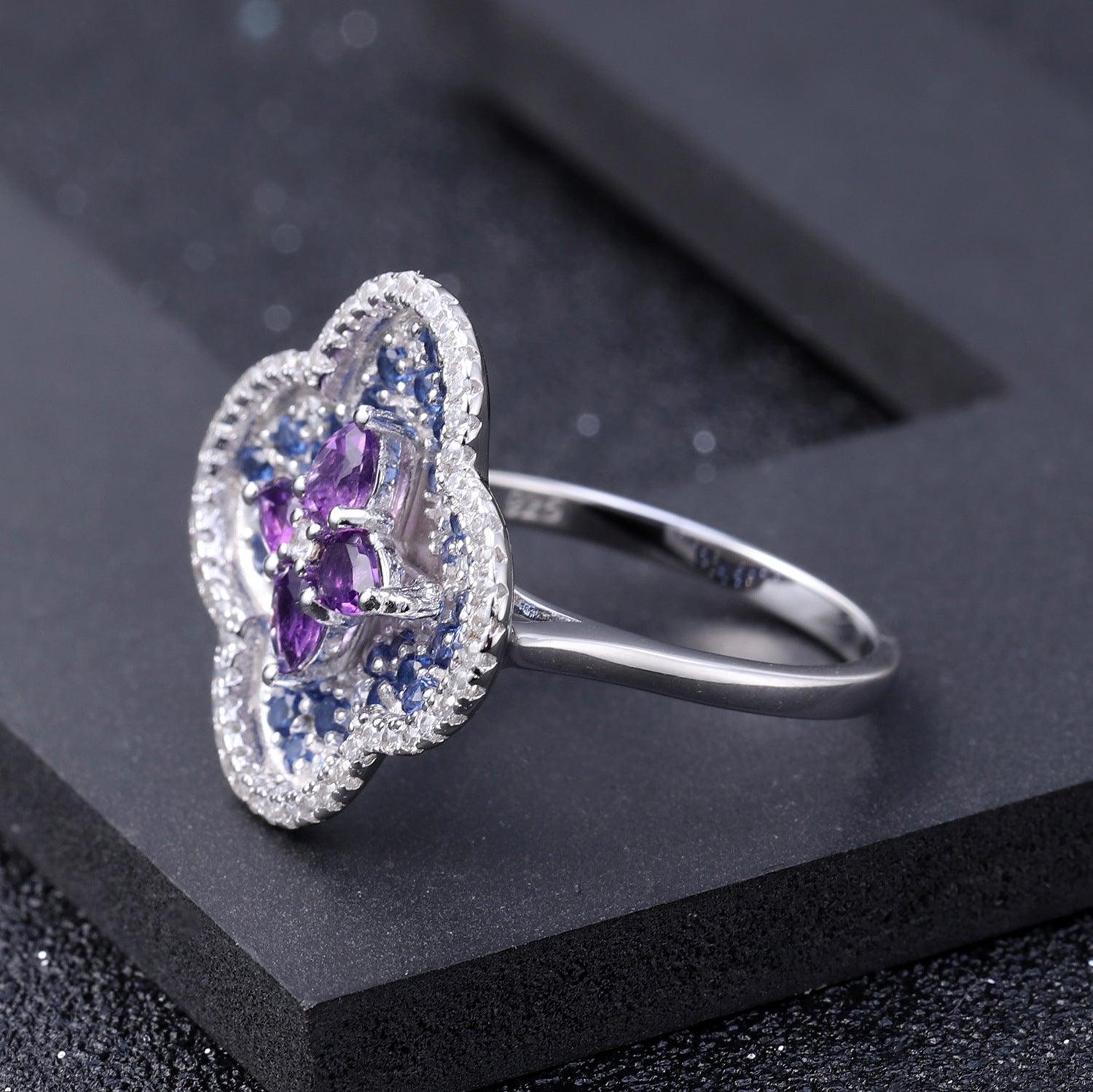 Flowers Series S925 Silver Inlaid Natural Amethyst Ring-BlingRunway