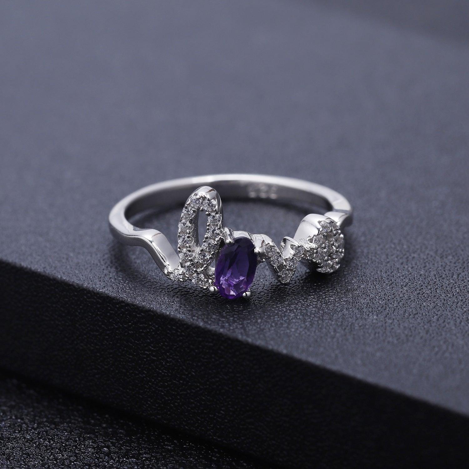 Classic LOVE Letters 925 Sterling Silver Natural Amethyst Ring-BlingRunway