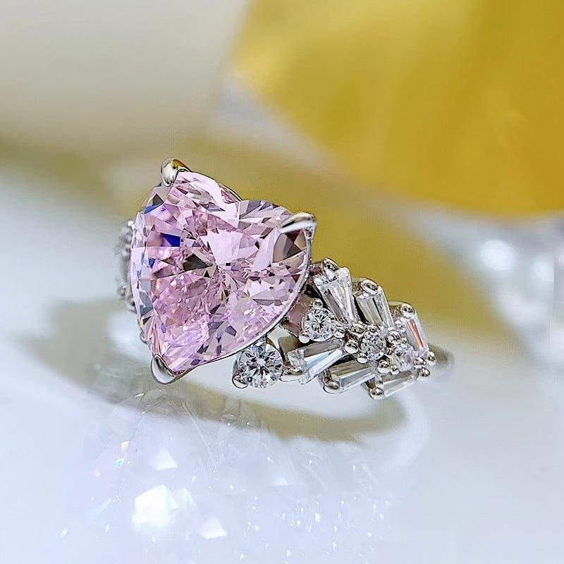 "Shining Heart" 10*10mm Pink Center Stone S925 Sterling Silver Ring