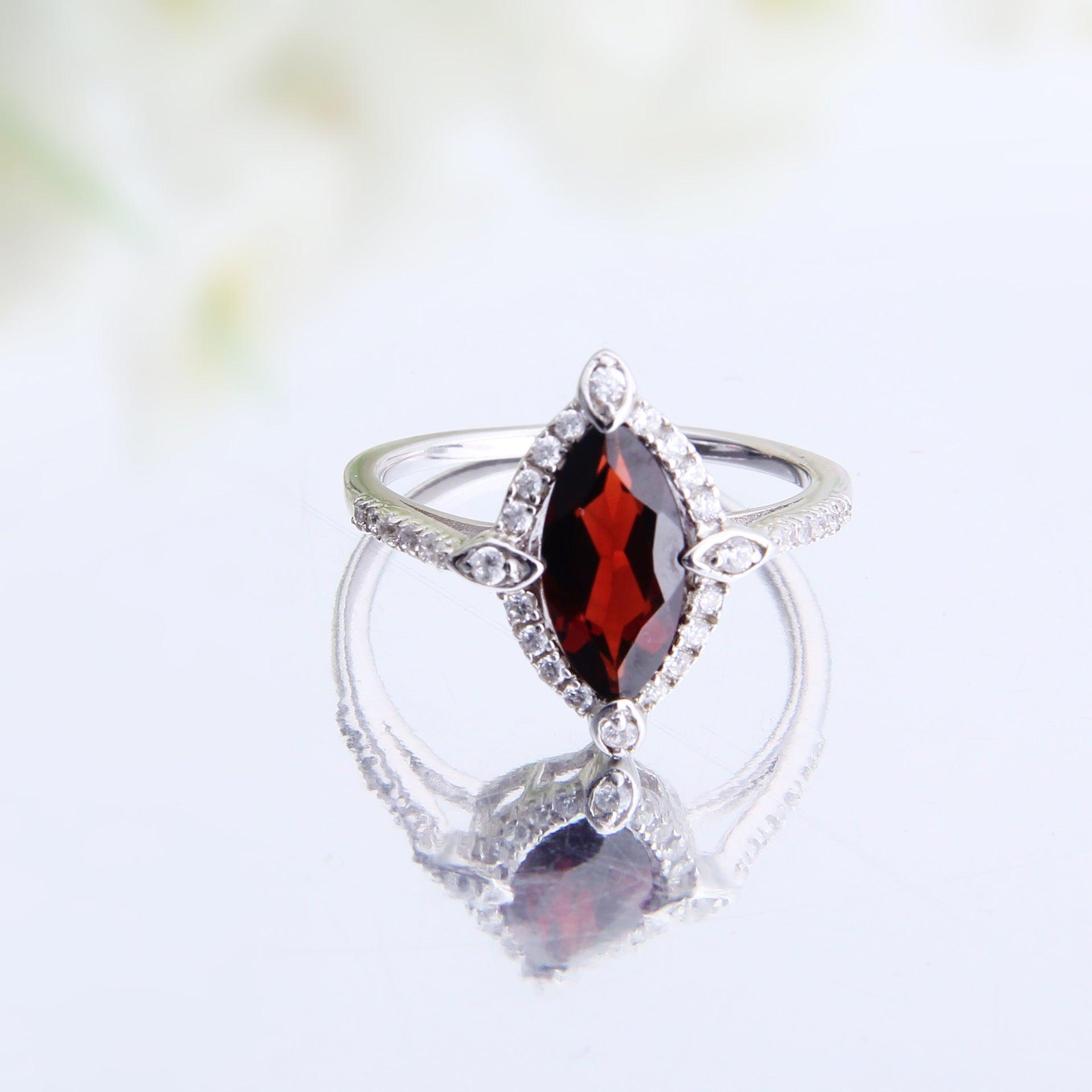 Luxury diamond surround S925 sterling silver natural red garnet ring-BlingRunway