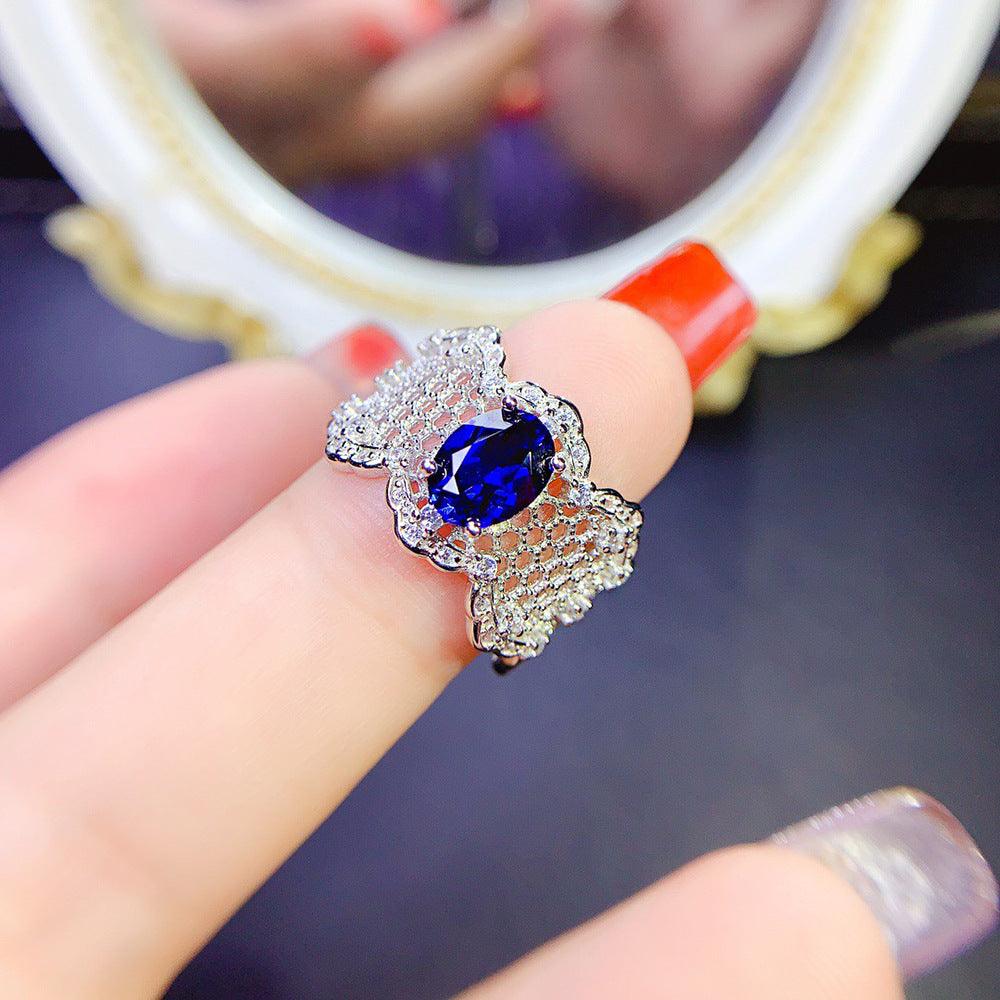 Spider Silk Design S925 Silver Inlaid High Carbon Simulated Sapphire Ring-BlingRunway