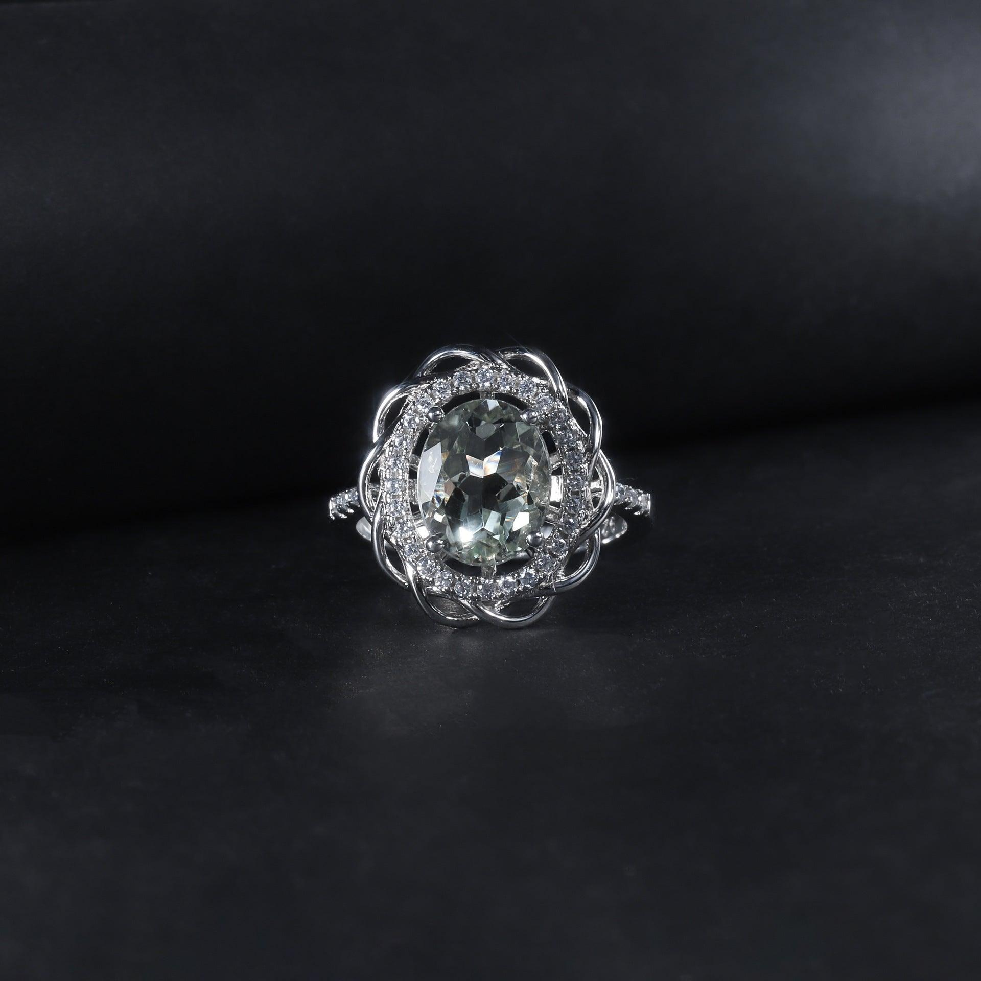 Sunflower Design S925 Sterling Silver Natural Green Amethyst Ring-BlingRunway