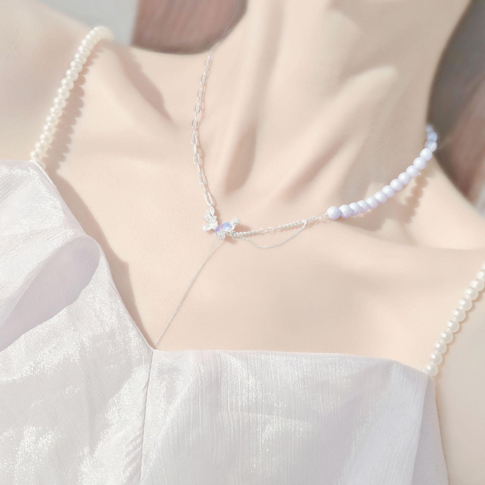 S925 Sterling Silver Pearl Stitching Aurora Butterfly Necklace Spice Girls Advanced Sense Clambone Chain-BlingRunway