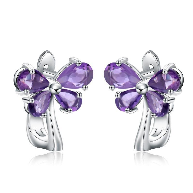 Butterfly Flower Design S925 Silver Inlaid Natural Amethyst Earrings-BlingRunway