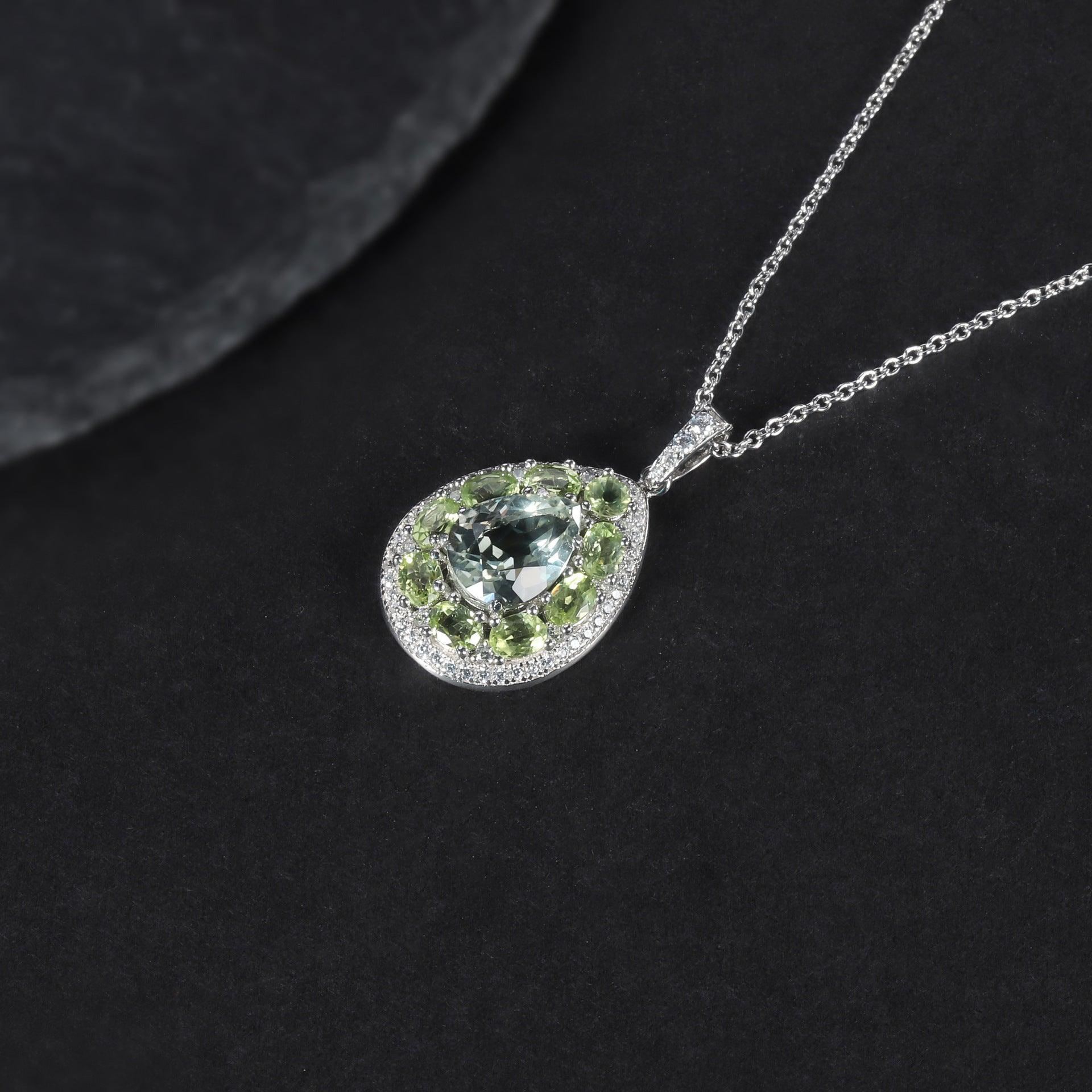 Drop-shaped Surrounding S925 Silver Inlaid Natural Green Amethyst Pendant