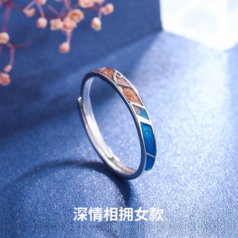 Affectionate Embrace Gradient Enamel Craft Handmade Series S925 Sterling Silver Couple Ring