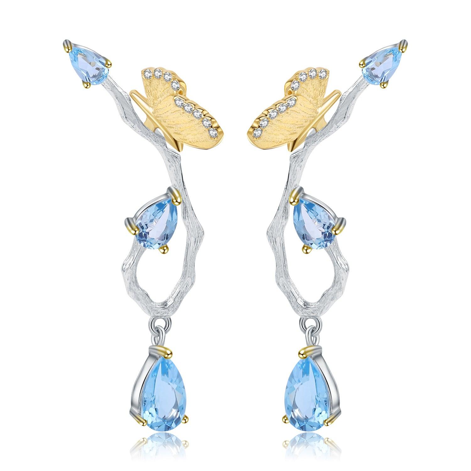 Secret Garden Butterfly Design S925 Sterling Silver Natural Topaz Earrings-BlingRunway