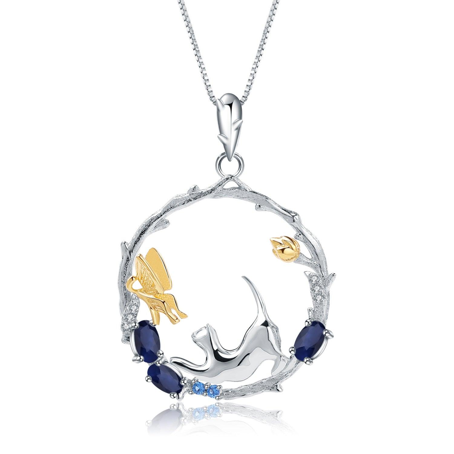 Cat under the Butterfly S925 Sterling Silver natural topaz necklace