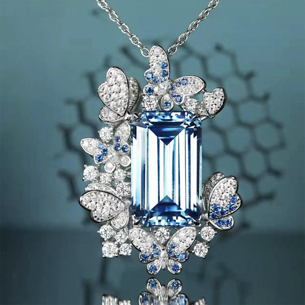 High Carbon Simulation Aquamarine S925 Silver Dual-purpose Necklace Brooch