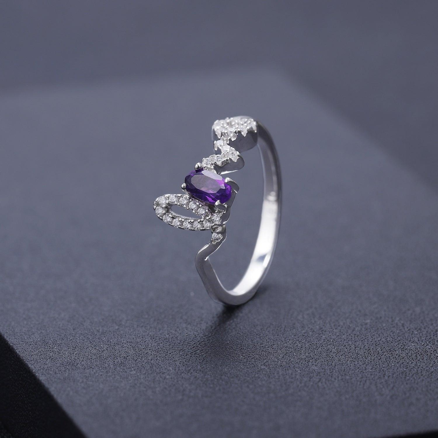 Classic LOVE Letters 925 Sterling Silver Natural Amethyst Ring-BlingRunway