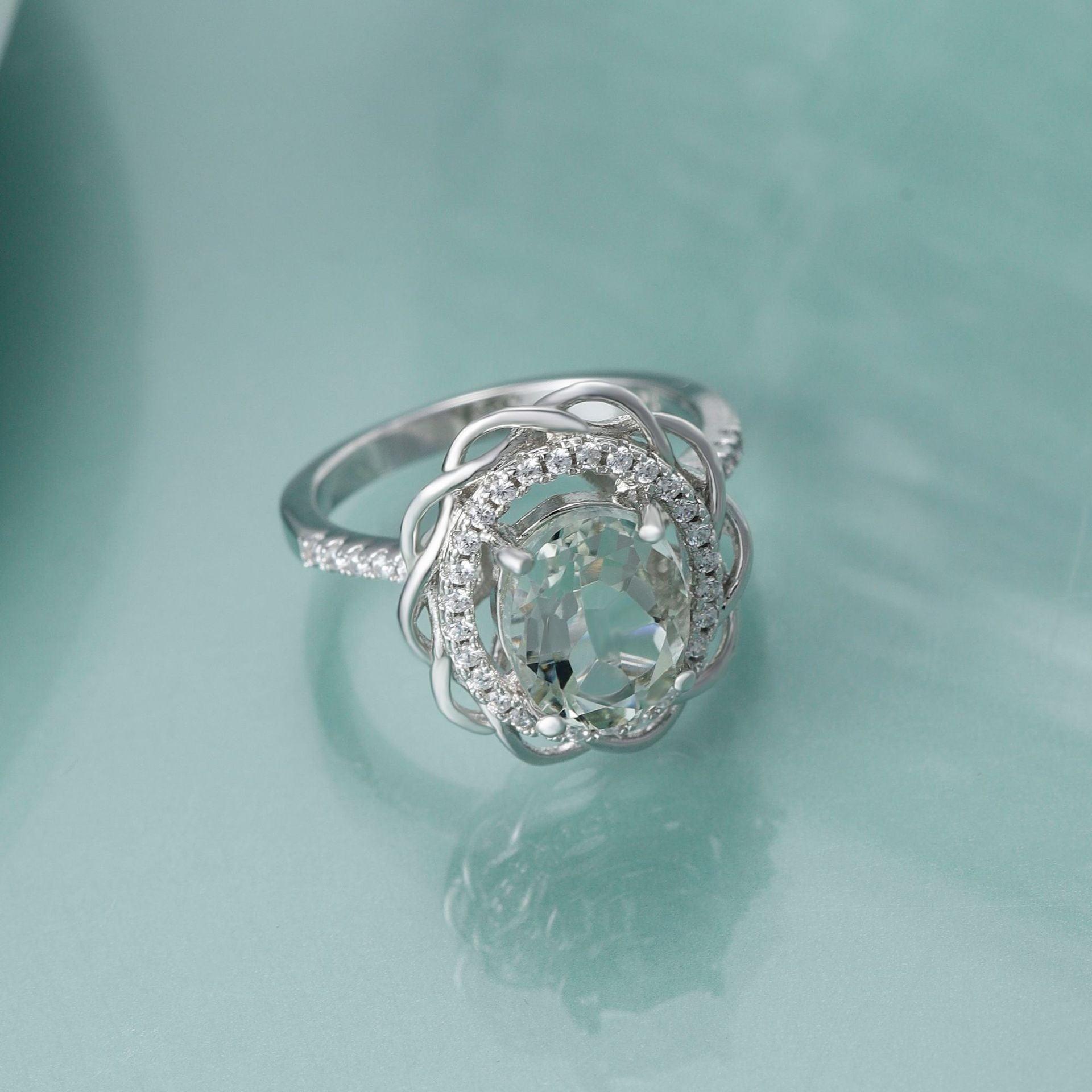 Sunflower Design S925 Sterling Silver Natural Green Amethyst Ring-BlingRunway