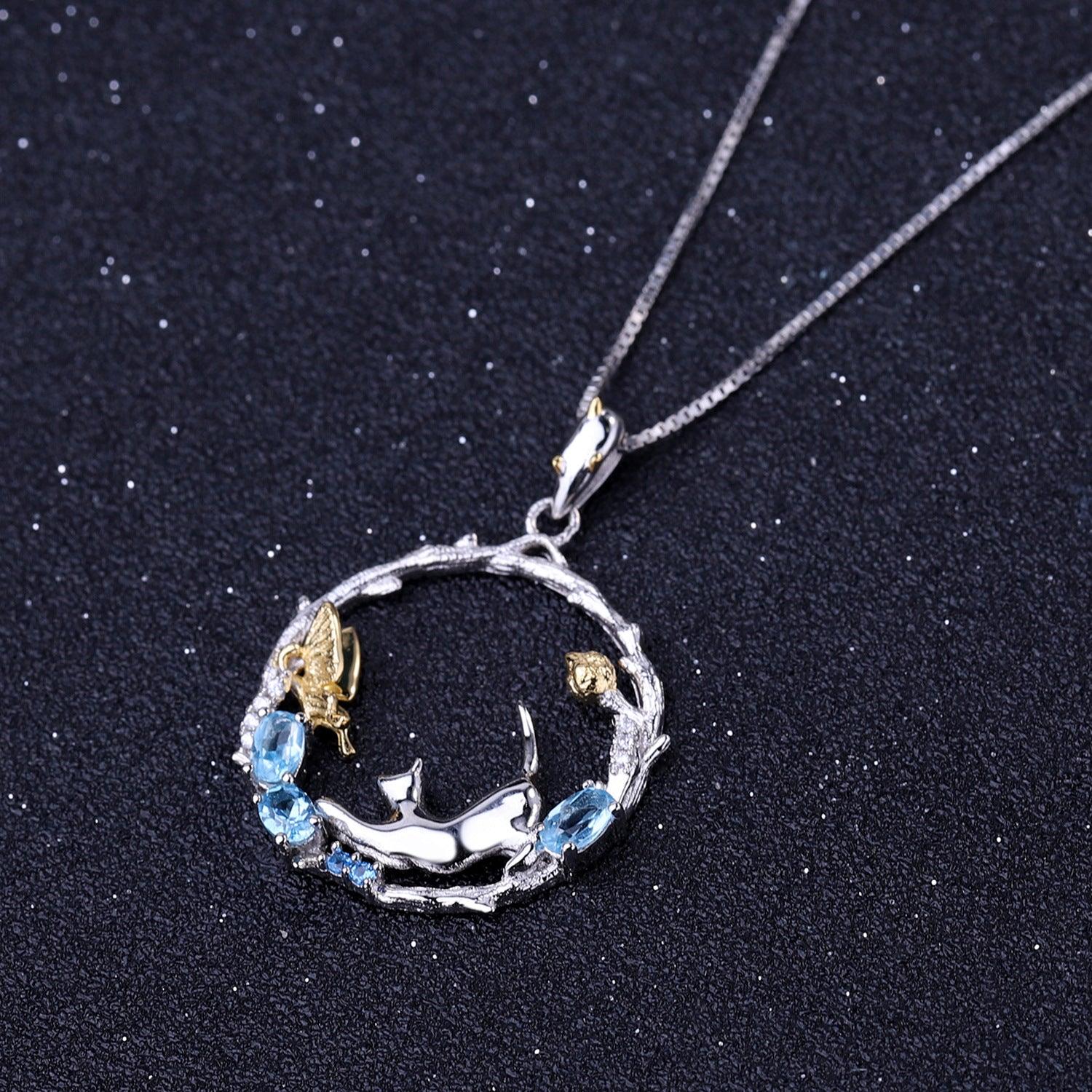 Cat under the Butterfly S925 Sterling Silver natural topaz necklace