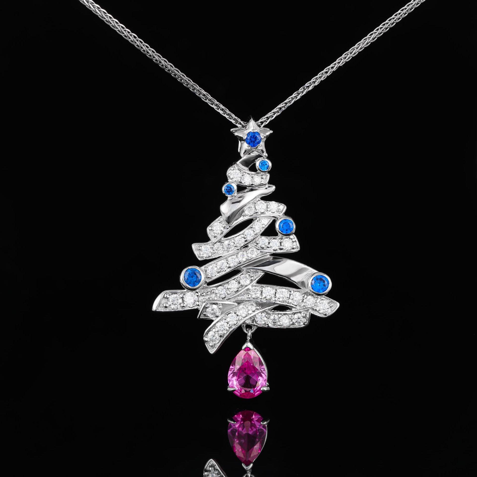 Artificial Gemstone Christmas Tree Design S925 Sterling Silver Necklace