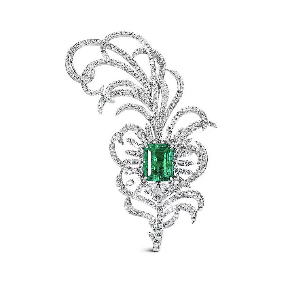 Vintage S925 Silver Simulation Emerald Feather Brooch Pendant Dual Purpose-BlingRunway