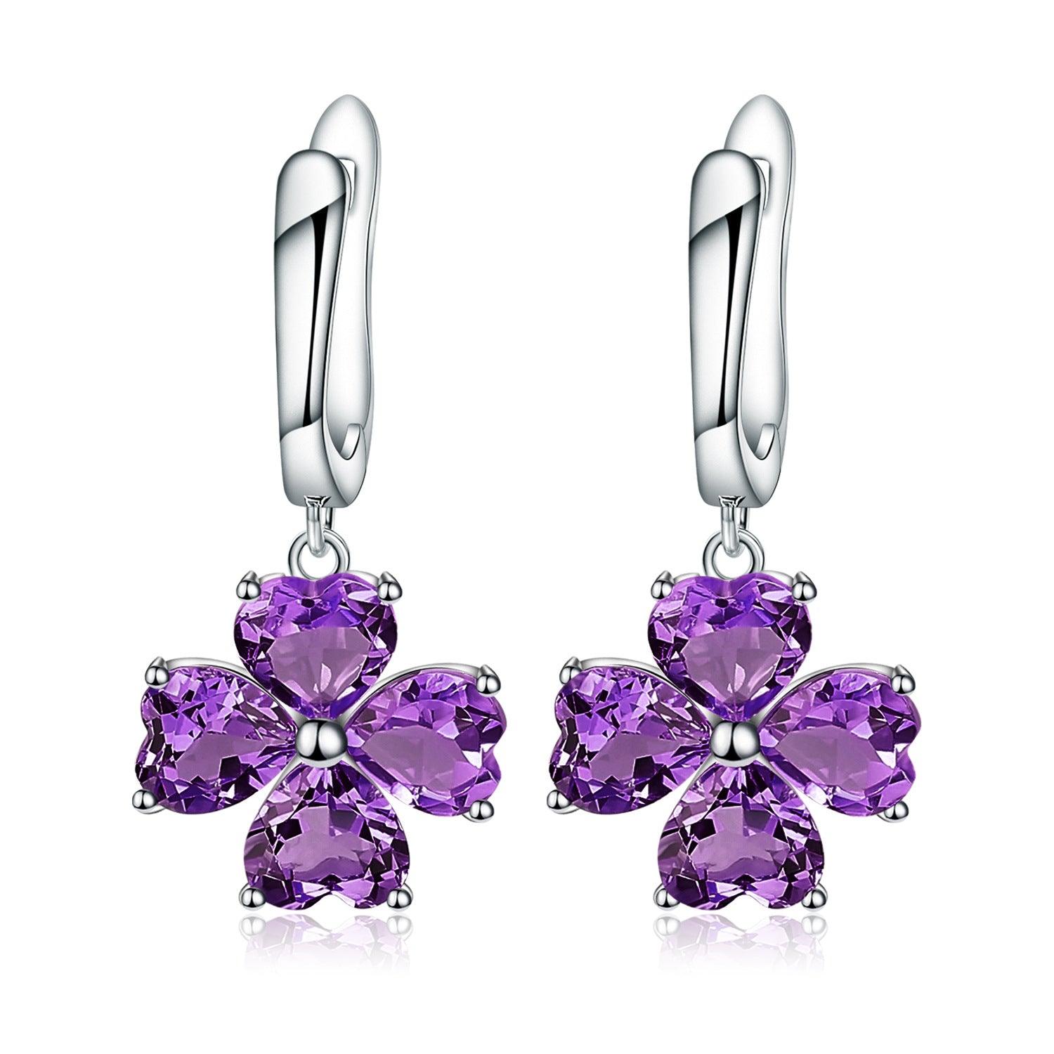 Amethyst four leaf clover design S925 sterling silver earrings-BlingRunway