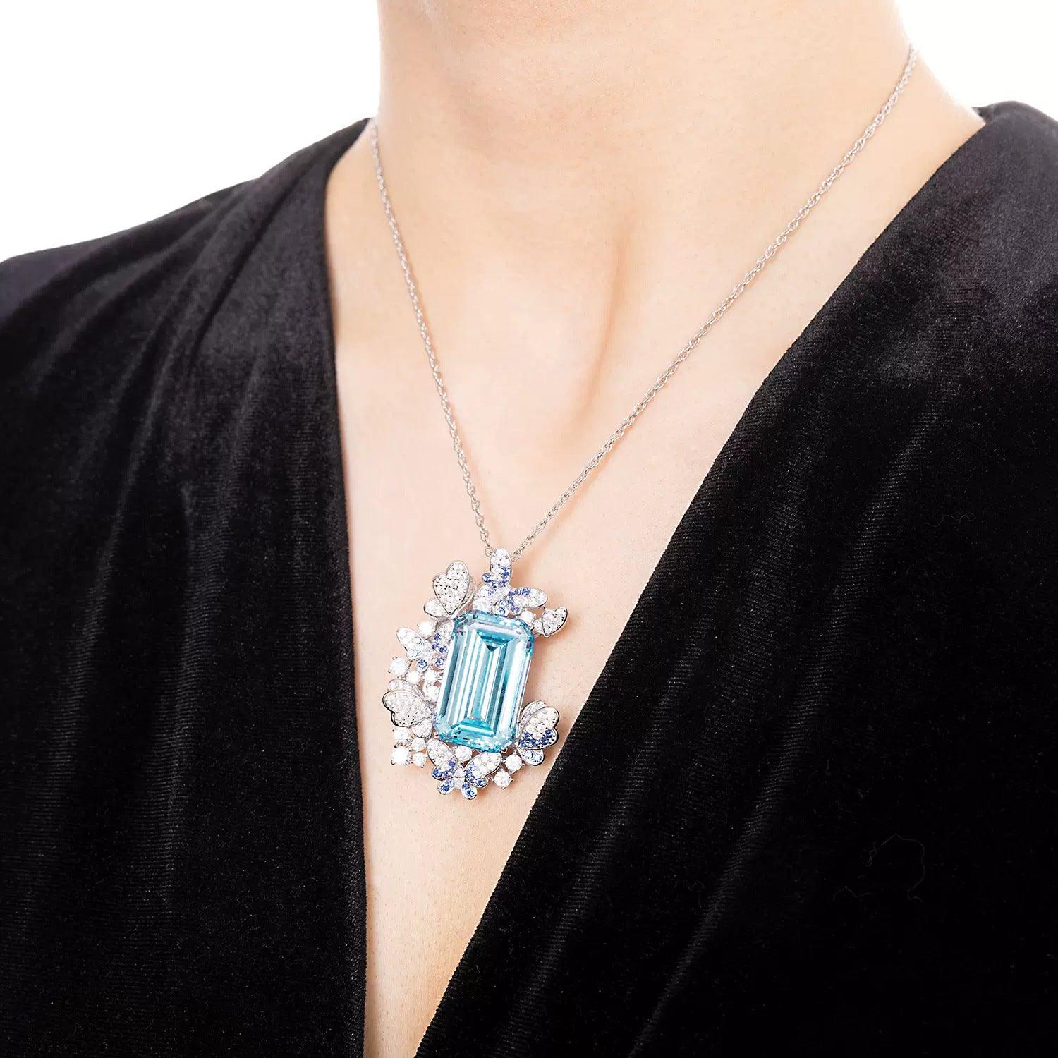 High Carbon Simulation Aquamarine S925 Silver Dual-purpose Necklace Brooch