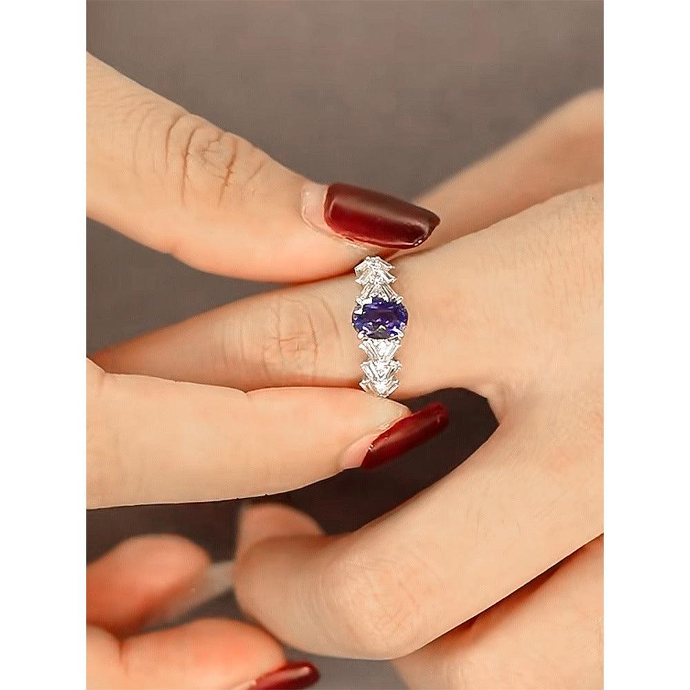 New Design S925 Silver Oval High Carbon Simulation Sapphire Rings-BlingRunway