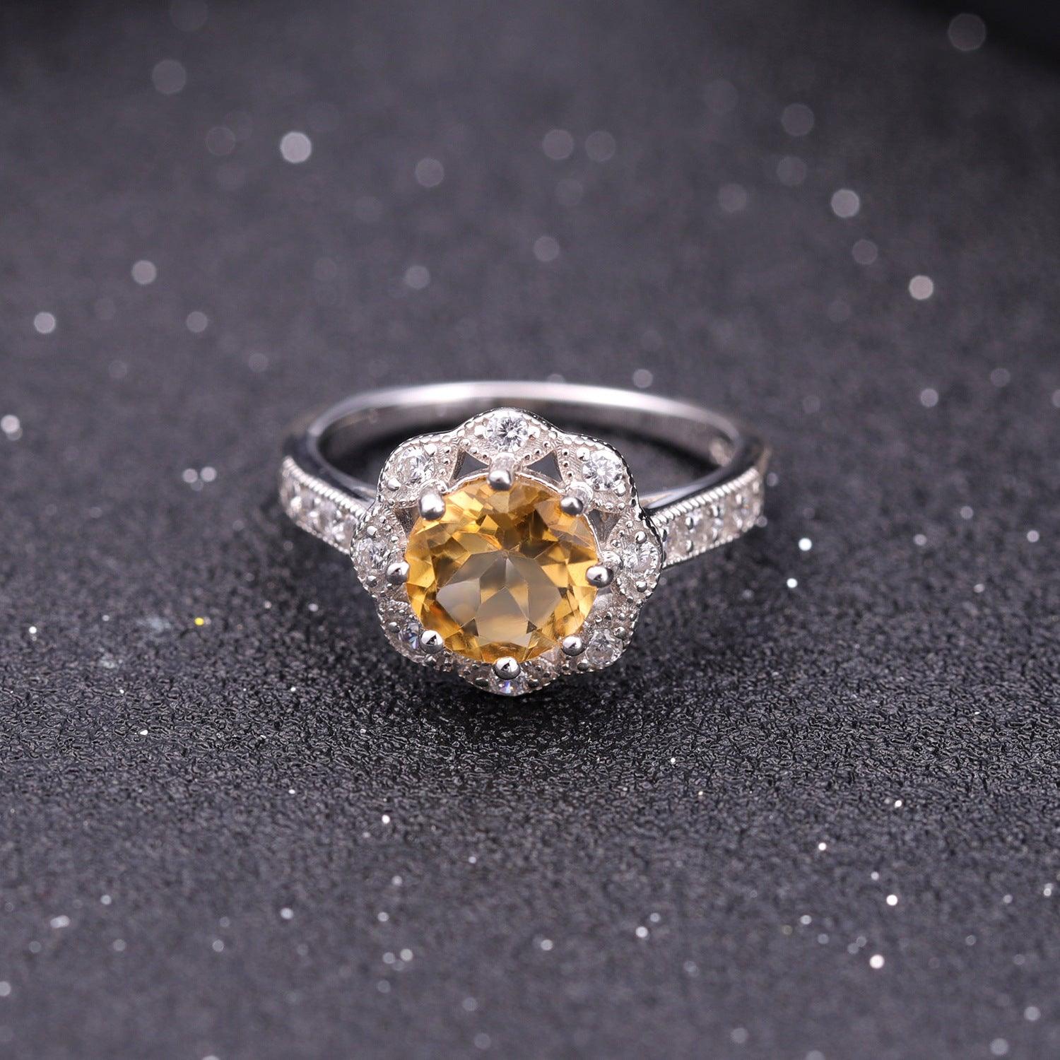 Natural floral design s925 sterling silver inlaid natural citrine ring-BlingRunway