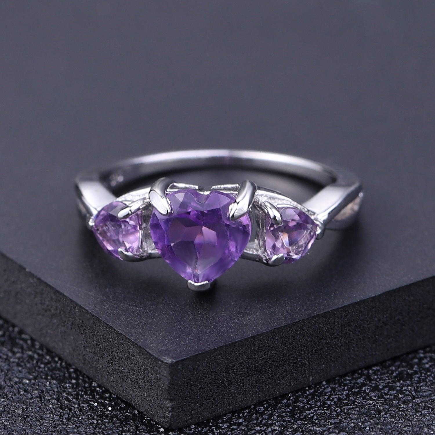 Natural Gemstone Heart Design S925 Sterling Silver Ring-BlingRunway