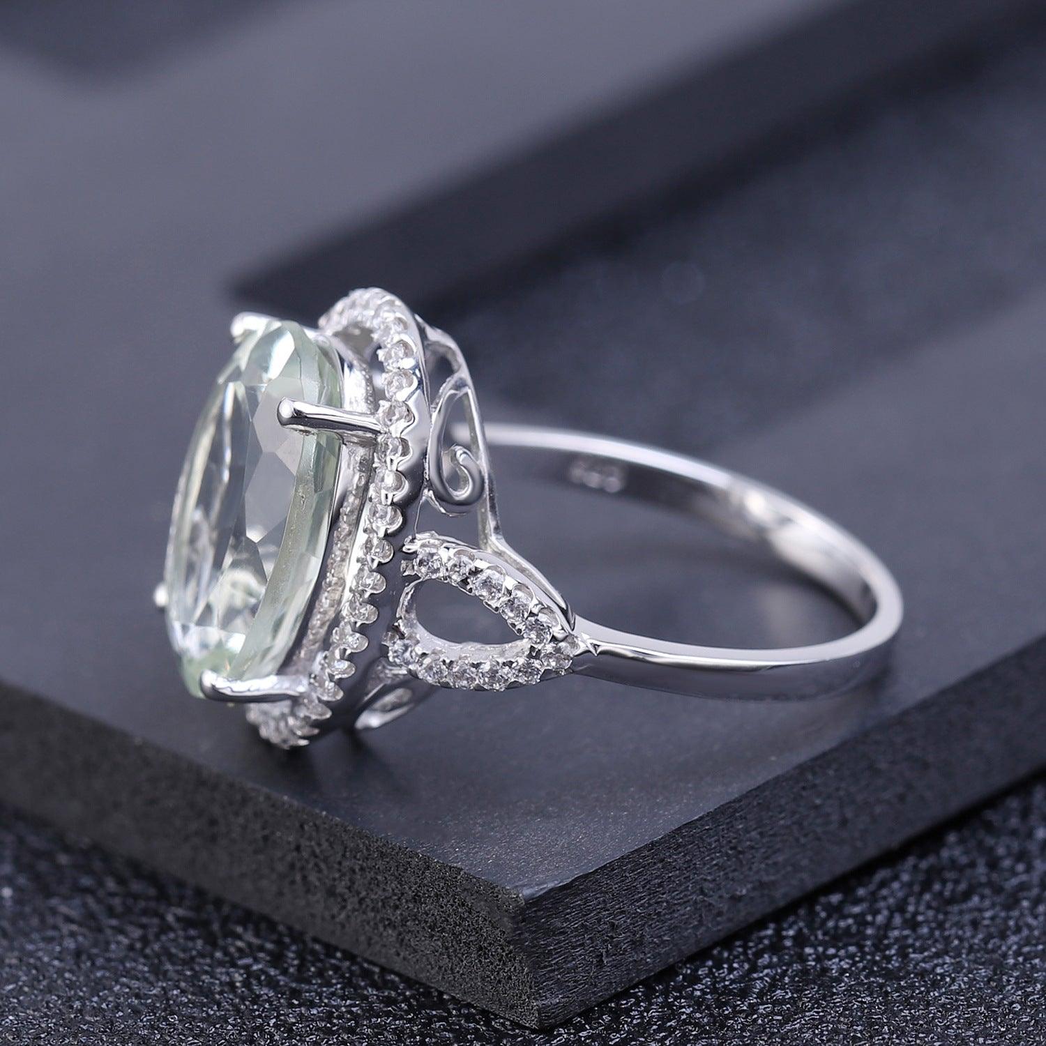 Micro-inlaid Classic Design S925 Sterling Silver Inlaid Natural Green Amethyst Ring-BlingRunway