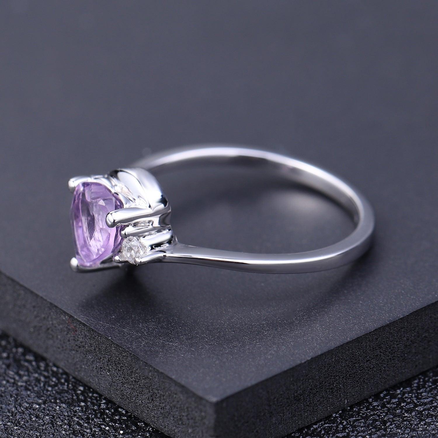 Triangle Inlaid Heart-shaped S925 Sterling Silver Natural Amethyst Ring-BlingRunway