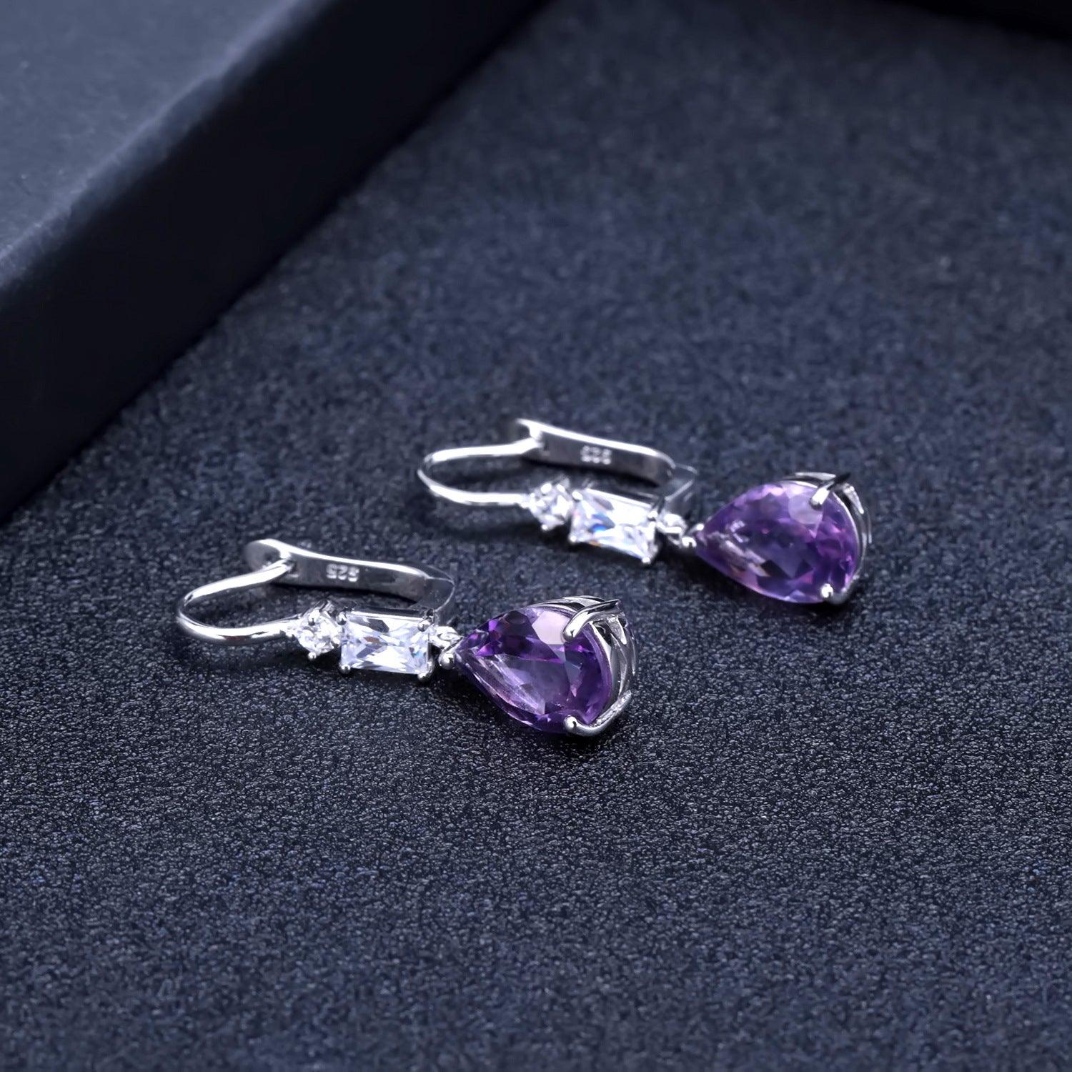 Classic Drop Shape S925 Silver Inlaid Natural Amethyst Earrings-BlingRunway