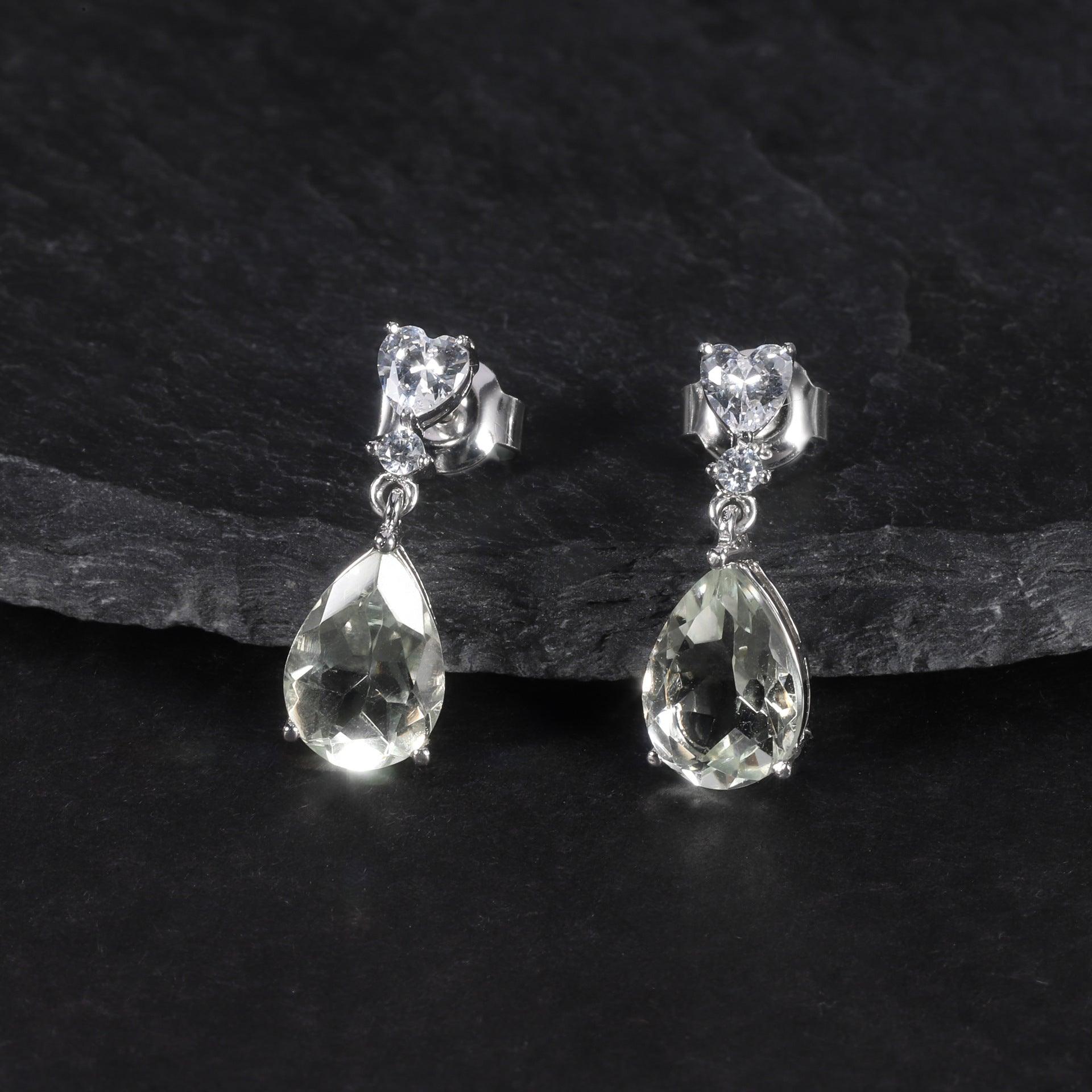 Classic Water Drop S925 Sterling Silver Inlaid Natural Green Amethyst Earrings