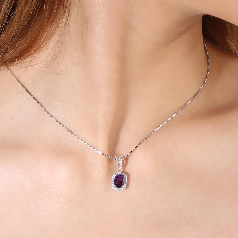 Classic Square S925 Silver Inlaid Natural Amethyst Necklace Pendant-BlingRunway