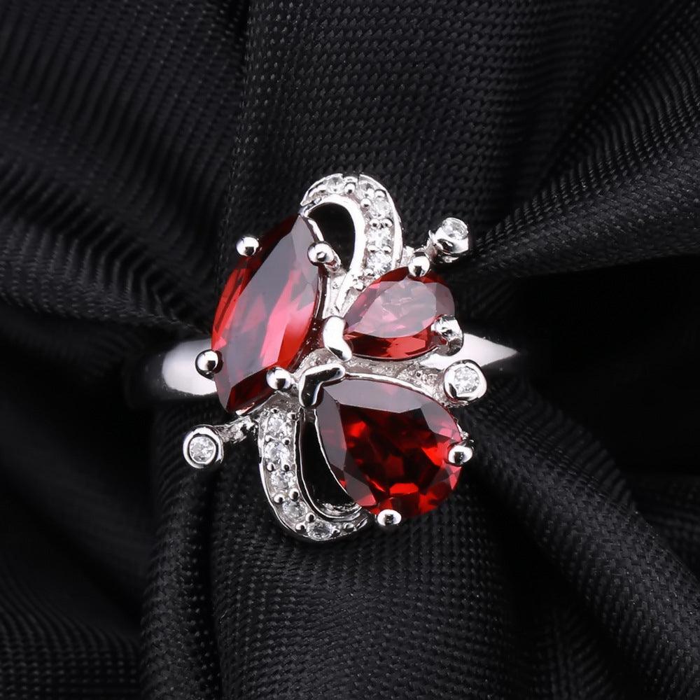 High grade floral inlaid S925 sterling silver natural red garnet ring-BlingRunway