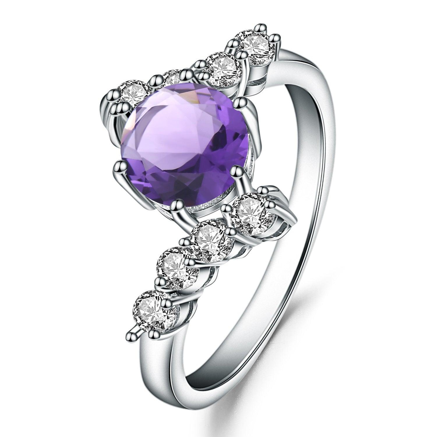 Simple Elegant Round S925 Sterling Silver Natural Amethyst Ring-BlingRunway