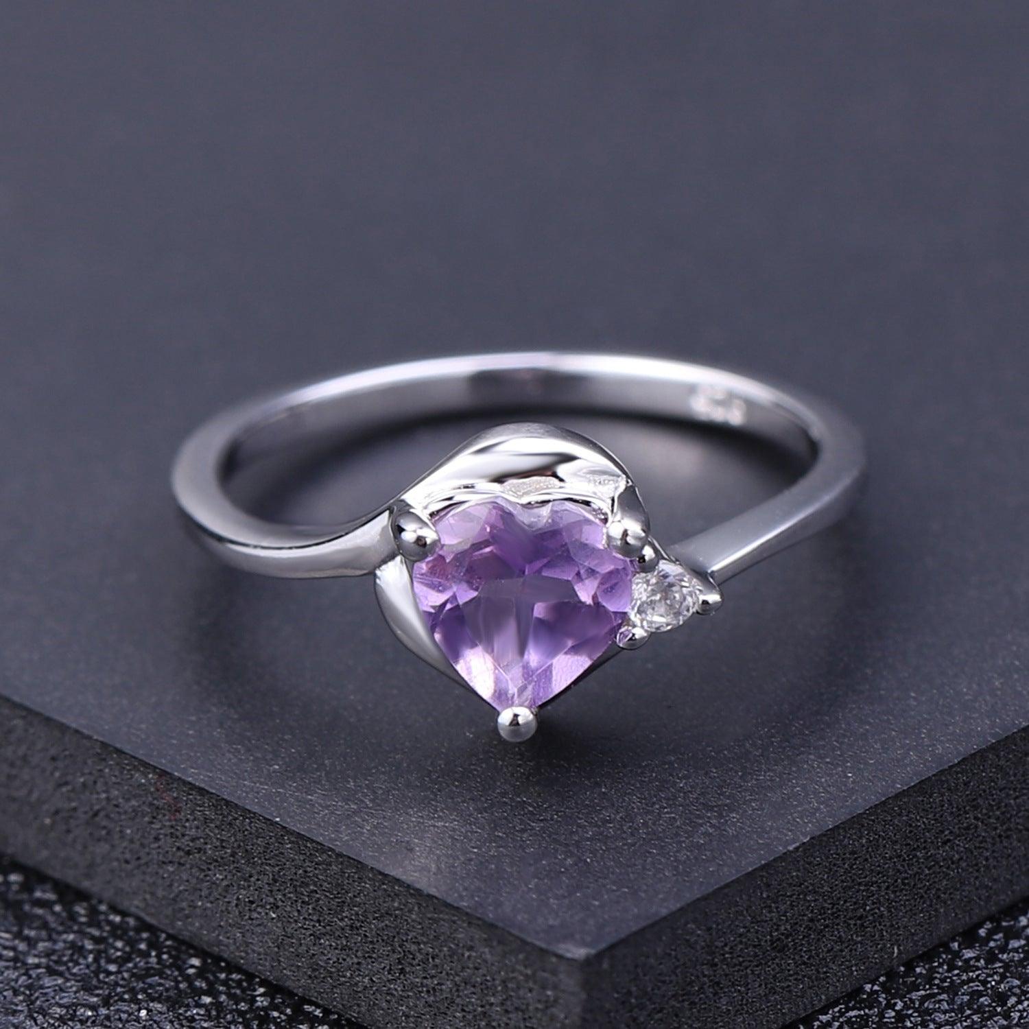 Triangle Inlaid Heart-shaped S925 Sterling Silver Natural Amethyst Ring-BlingRunway