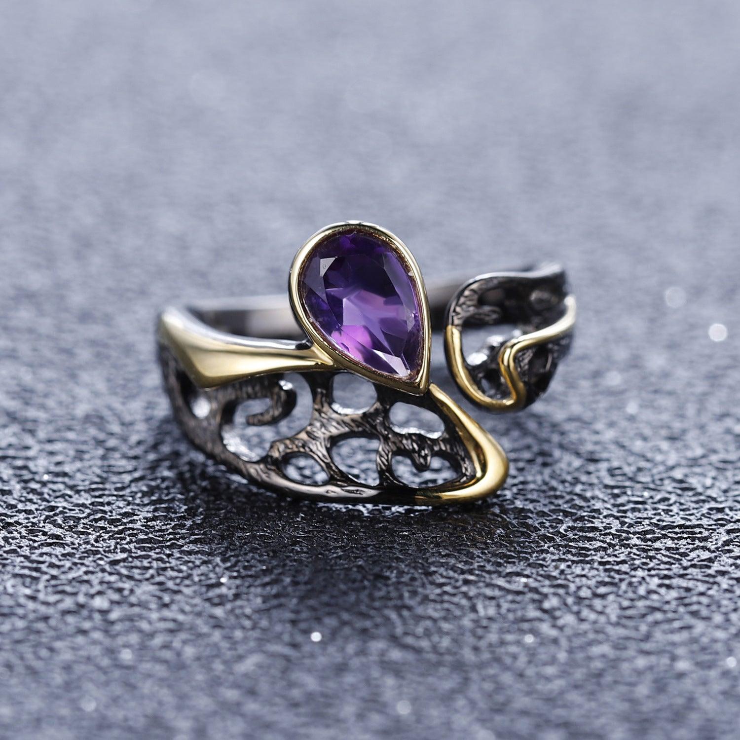 Vintage Garden Design S925 Sterling Silver Natural Amethyst Ring-BlingRunway