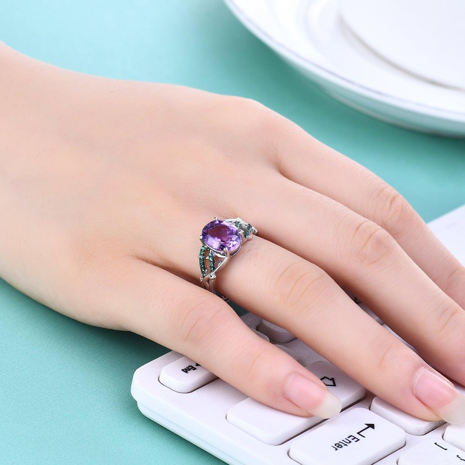 Natural amethyst Cross Band S925 Sterling Silver Ring