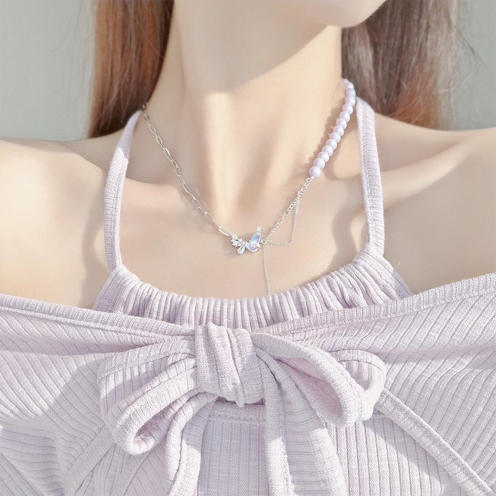 S925 Sterling Silver Pearl Stitching Aurora Butterfly Necklace Spice Girls Advanced Sense Clambone Chain-BlingRunway