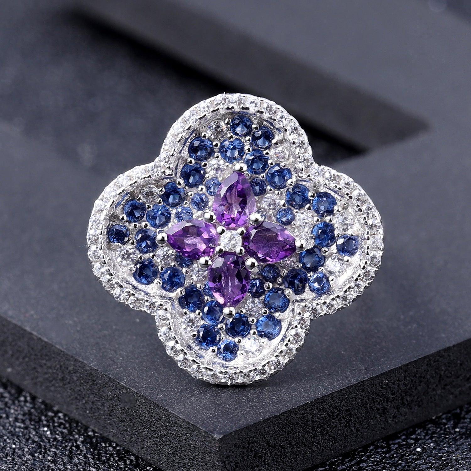 Flowers Series S925 Silver Inlaid Natural Amethyst Ring-BlingRunway