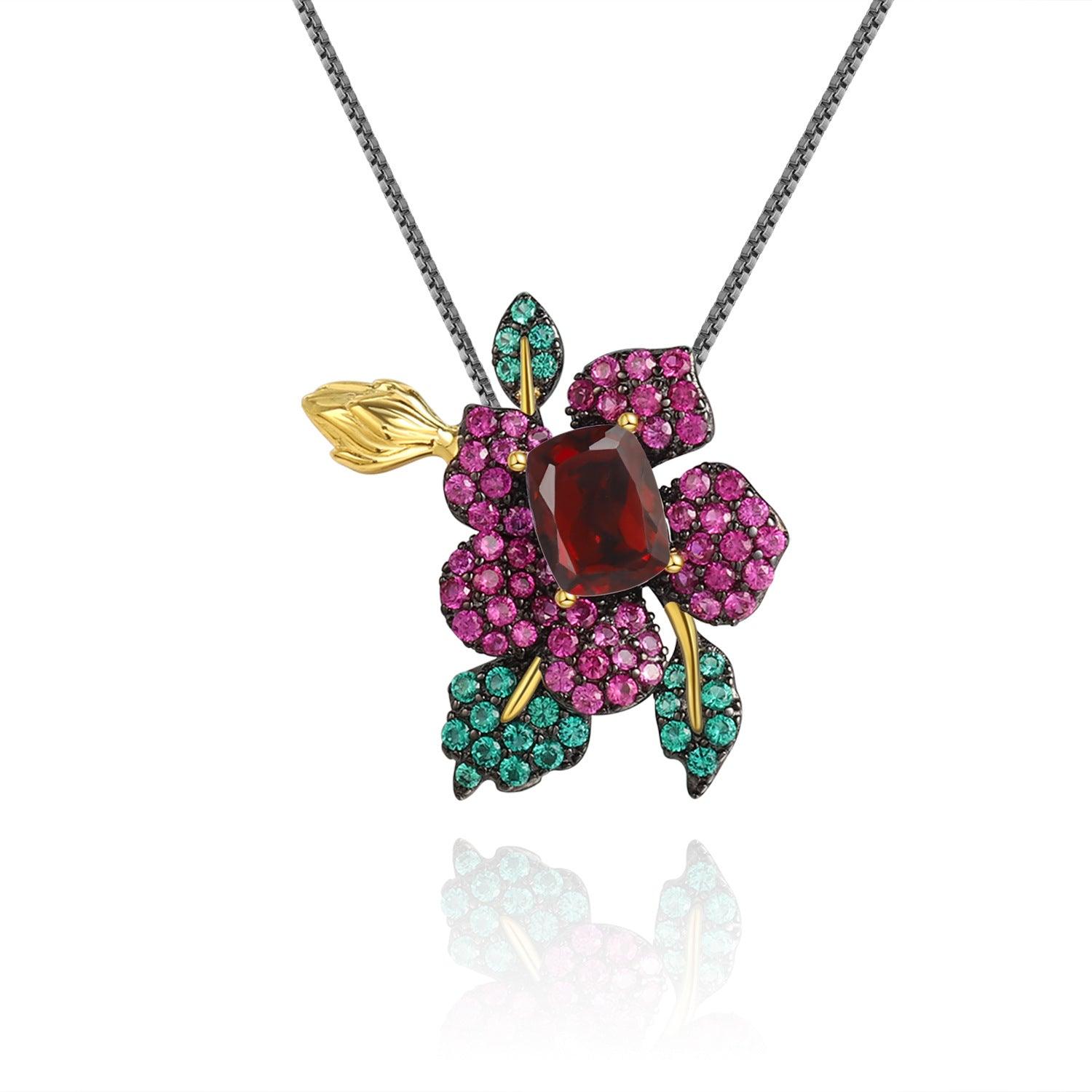 Natural gemstone and natural flower design S925 sterling silver brooch pendant with two wearing styles-BlingRunway