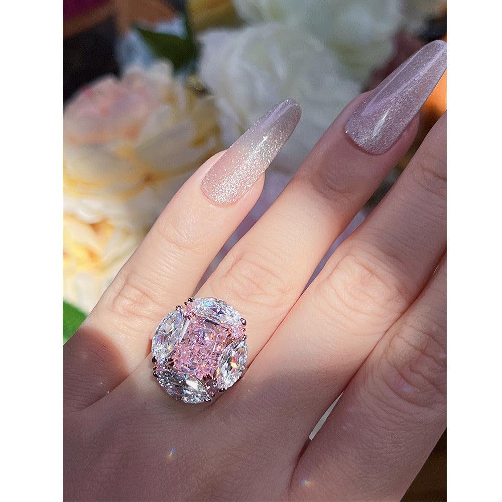 Bubble Gum Shaped S925 Silver High Carbon Simulated Pink Diamond Radiant Ring-BlingRunway