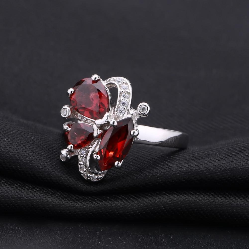 High grade floral inlaid S925 sterling silver natural red garnet ring-BlingRunway