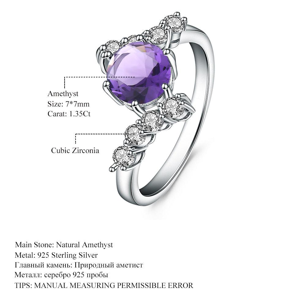 Simple Elegant Round S925 Sterling Silver Natural Amethyst Ring-BlingRunway