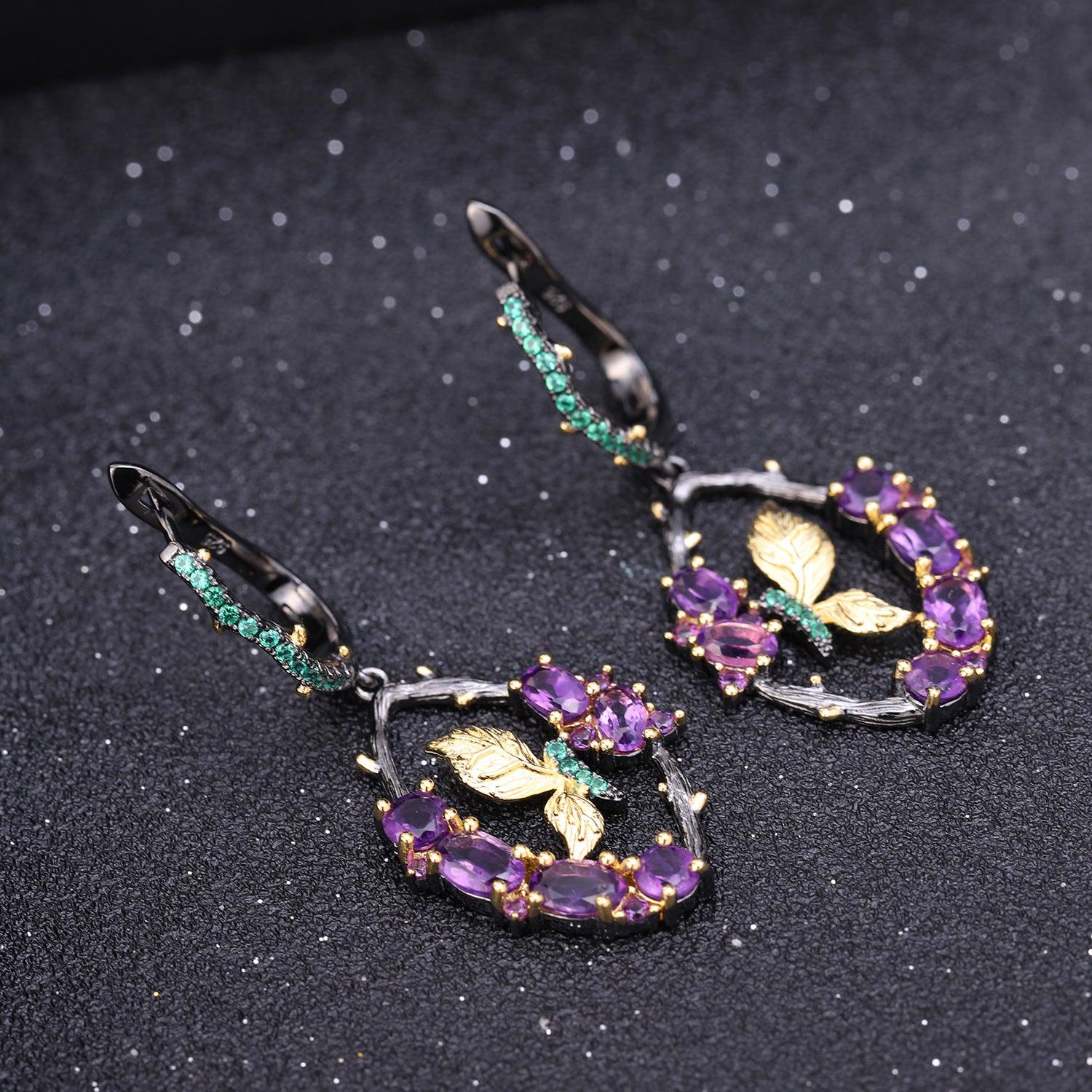 Secret Garden Series Wind Butterfly S925 Sterling Silver Natural Amethyst Earrings-BlingRunway