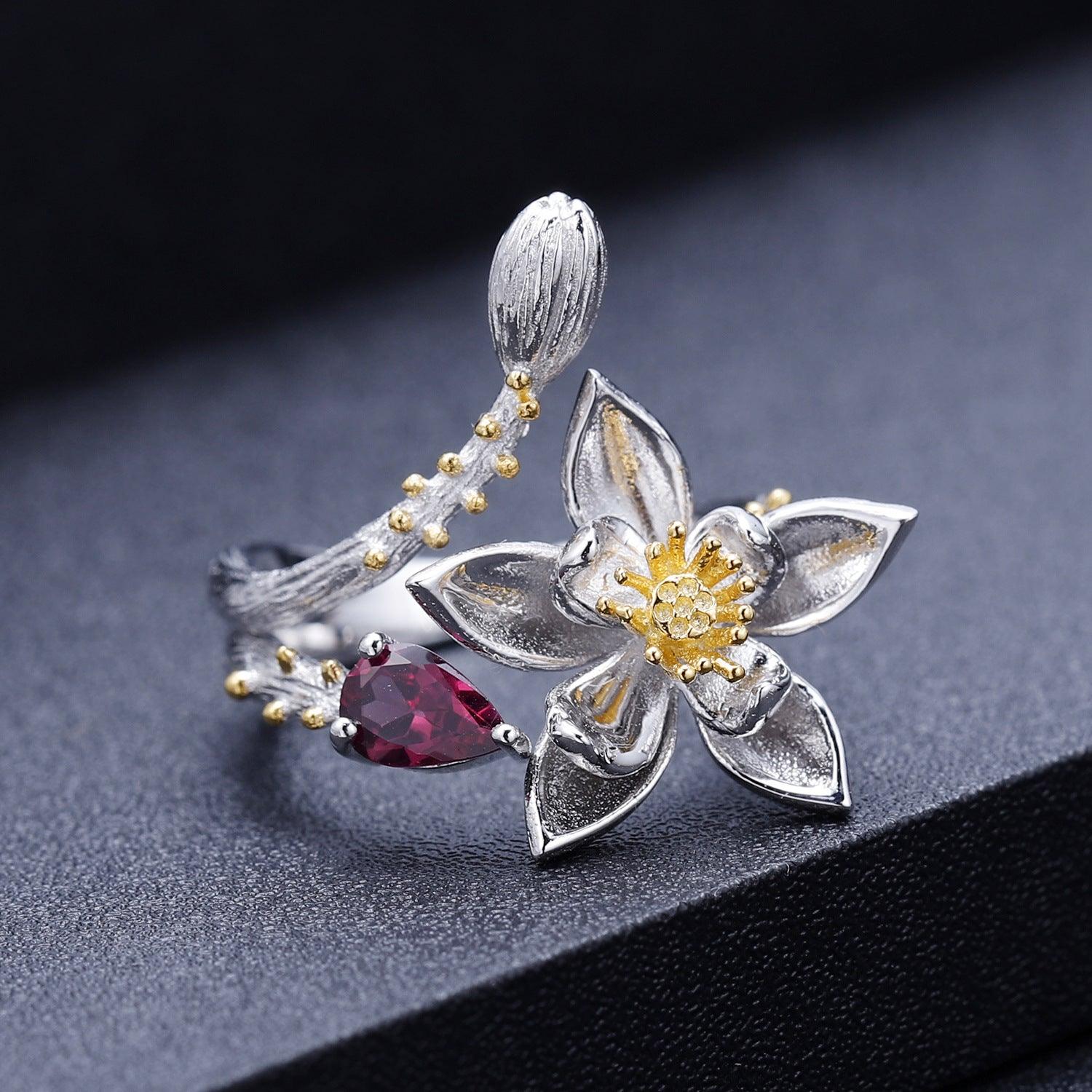 Secret Garden Flower Design S925 Silver Natural Gemstone Ring-BlingRunway