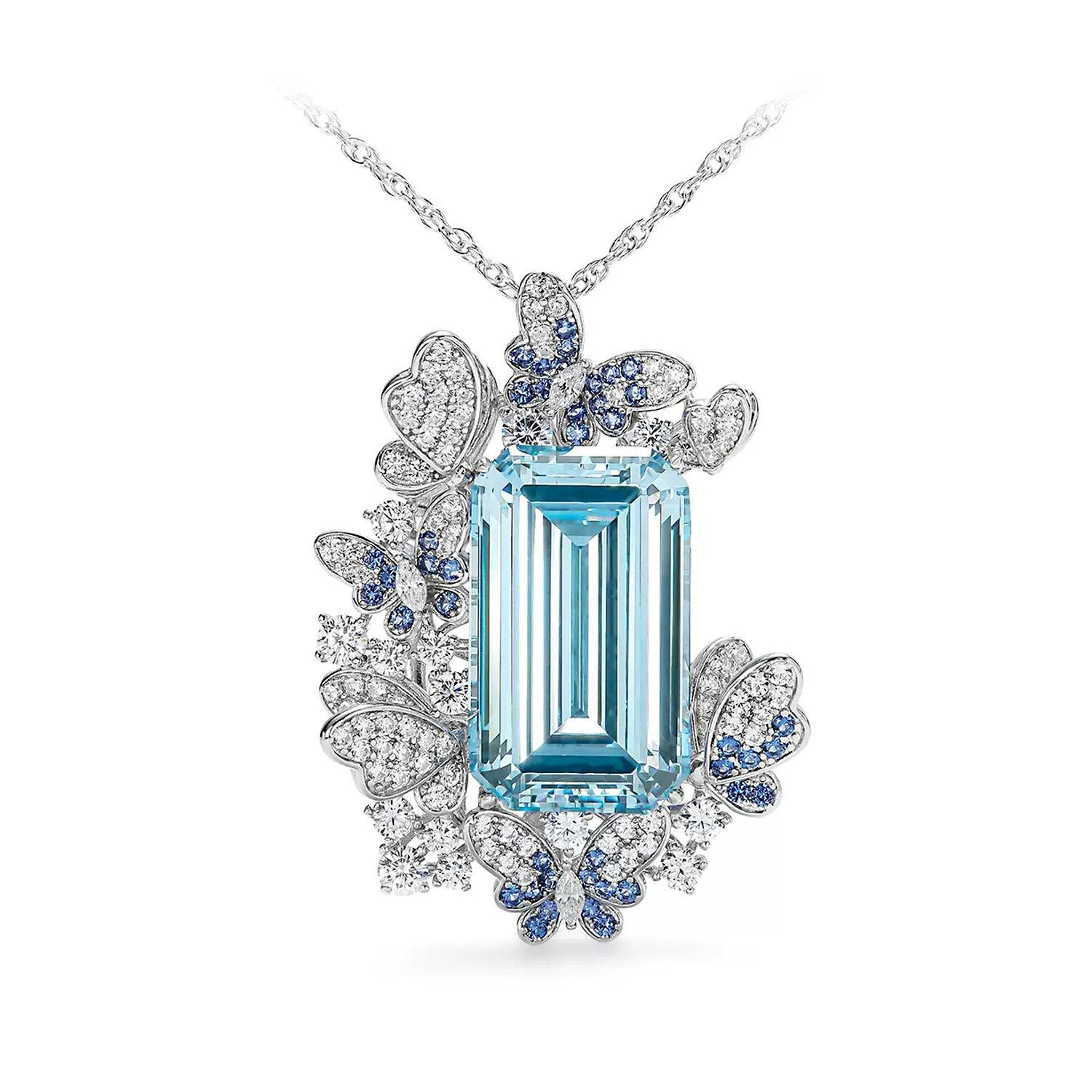 High Carbon Simulation Aquamarine S925 Silver Dual-purpose Necklace Brooch-BlingRunway