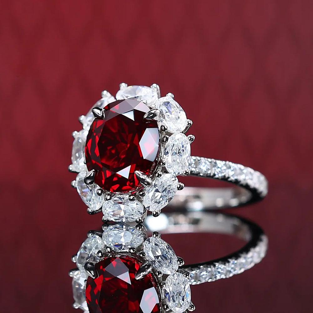 Luxury inlaid synthetic oval red gemstone S925 sterling silver ring-BlingRunway