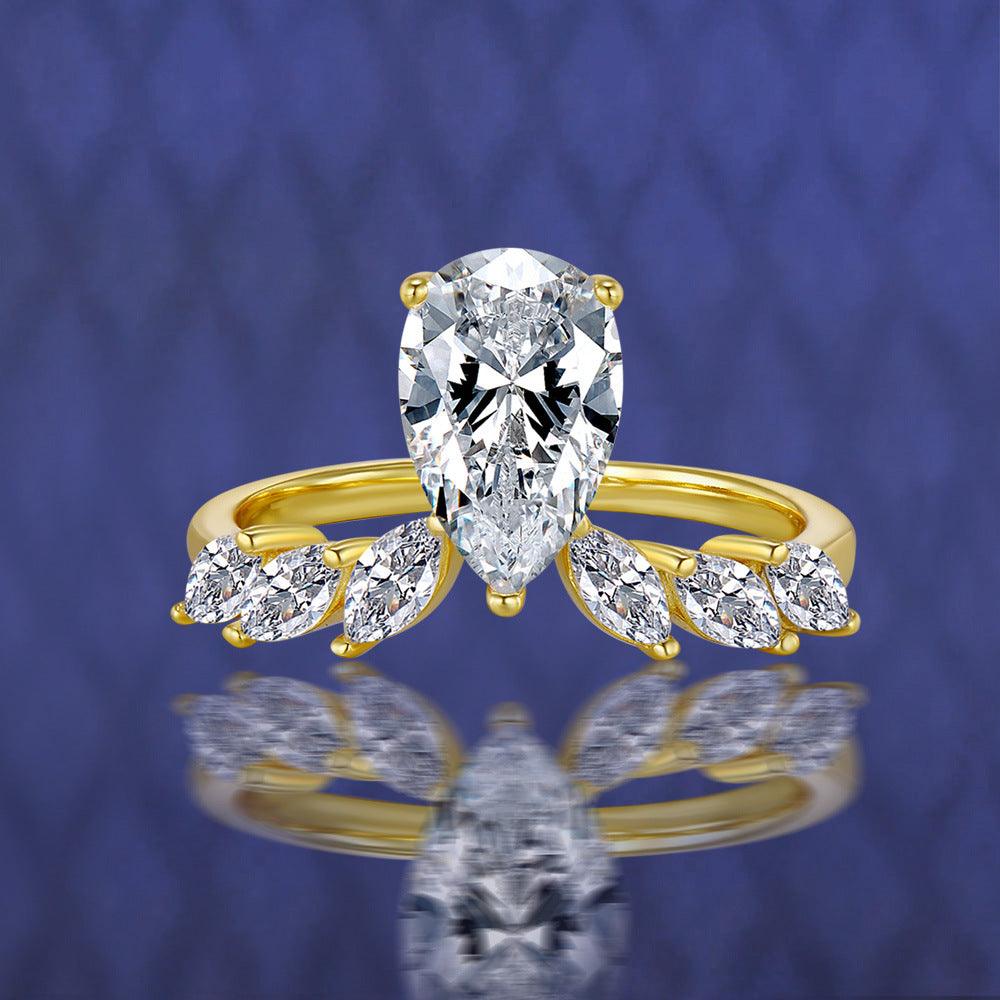 Crown Series S925 Silver High Carbon Simulation Diamond Water Drop Ring-BlingRunway