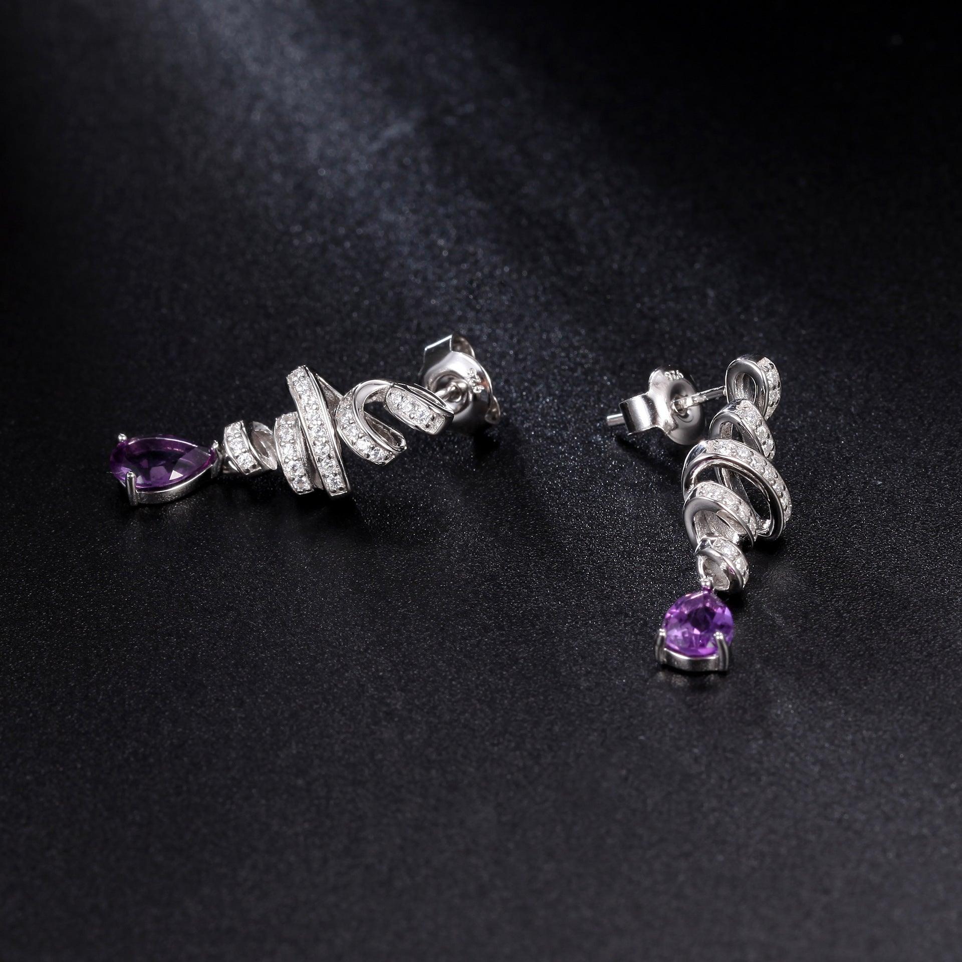 French Romantic S925 Silver Inlaid Natural Amethyst Earrings-BlingRunway